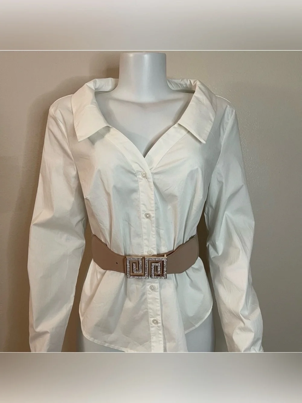 Taupe rectangle buckle with rhinestones elastic waistband belt